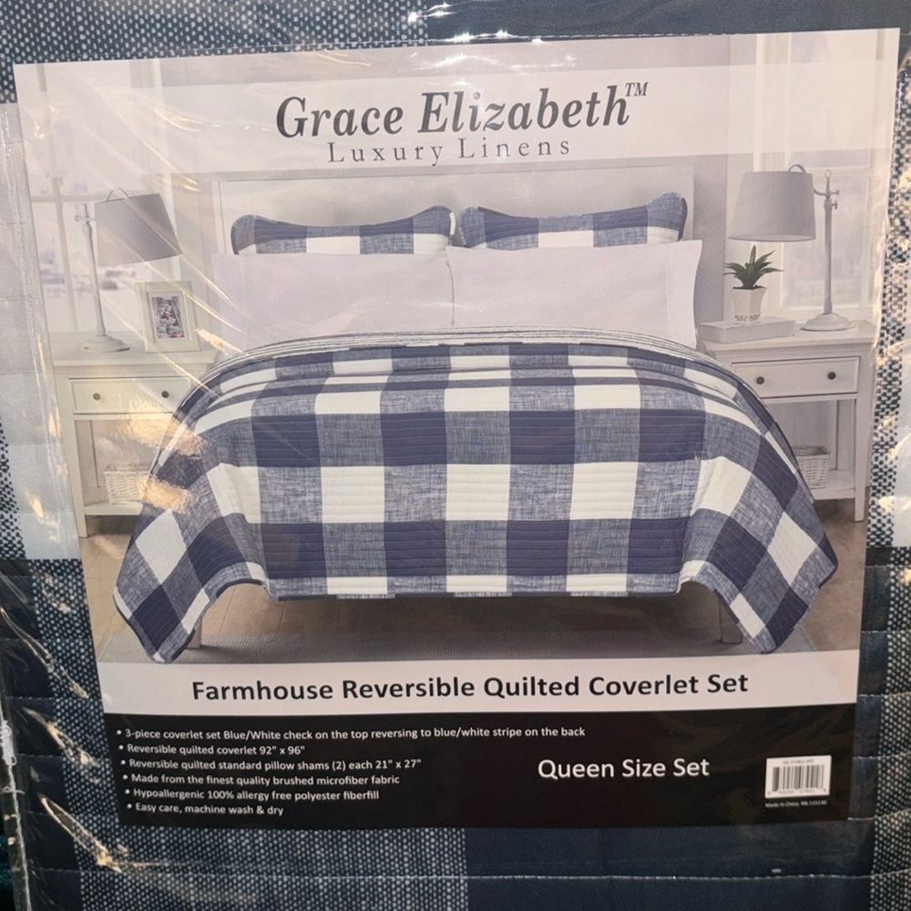 Grace Elizabeth Luxury Linens Queen Farmhouse Reversible Quilted Coverlet Set